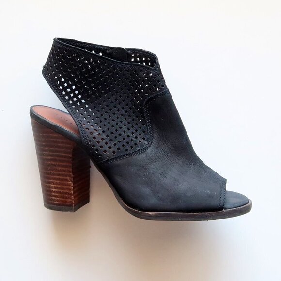 Lucky Brand Black Nubuck Perforated Leather Block Heel Open Toe Bootie Shoes 7.5 - Picture 4 of 16